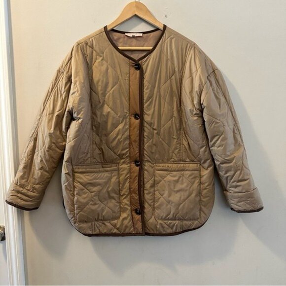 The Brass Monkey Tan Oversize Quilted Jacket Coat Size Medium Boho Military - Picture 2 of 12